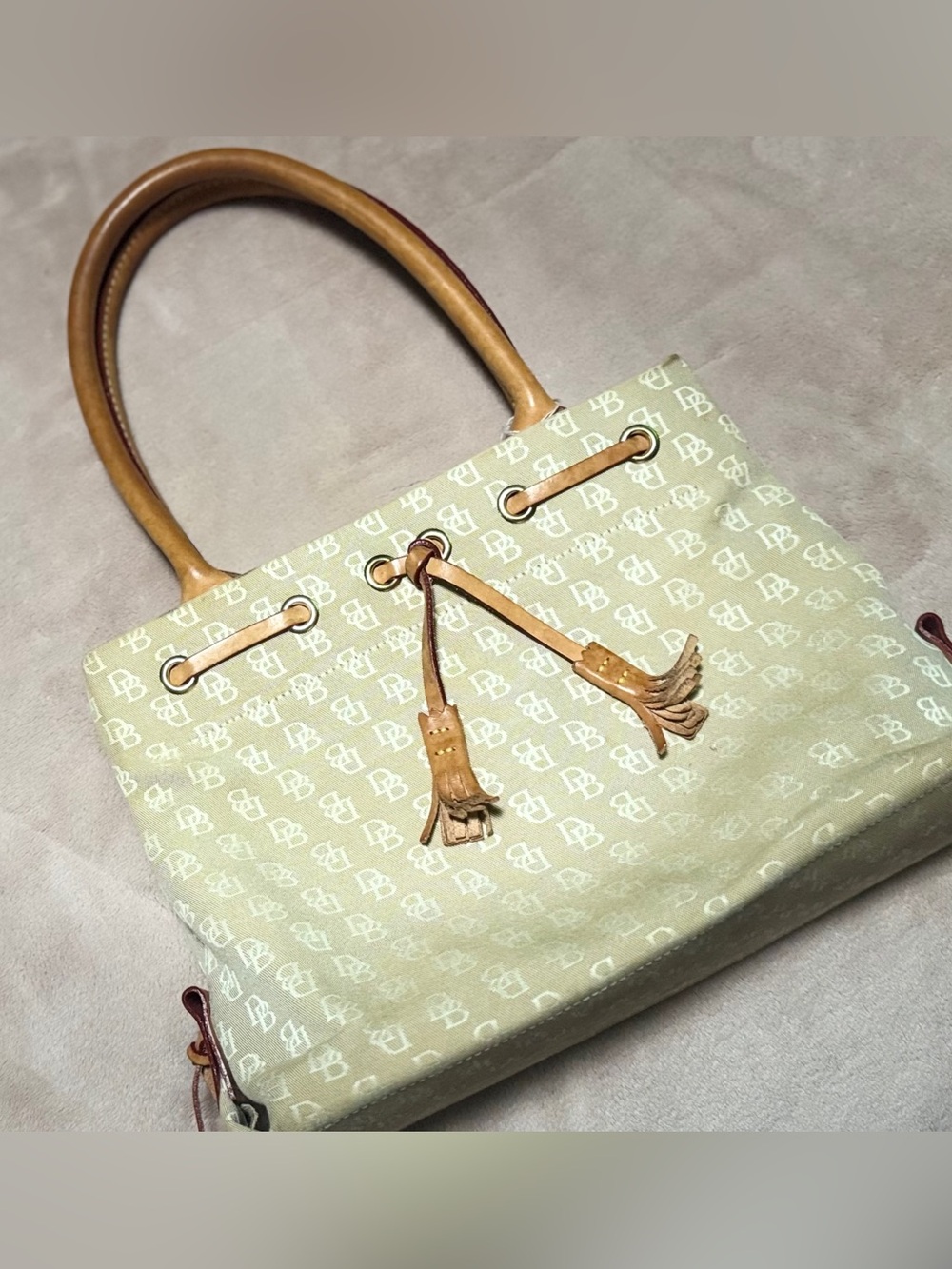 Dooney & Bourke Light Green Canvas Tote with Tan Leather Handles